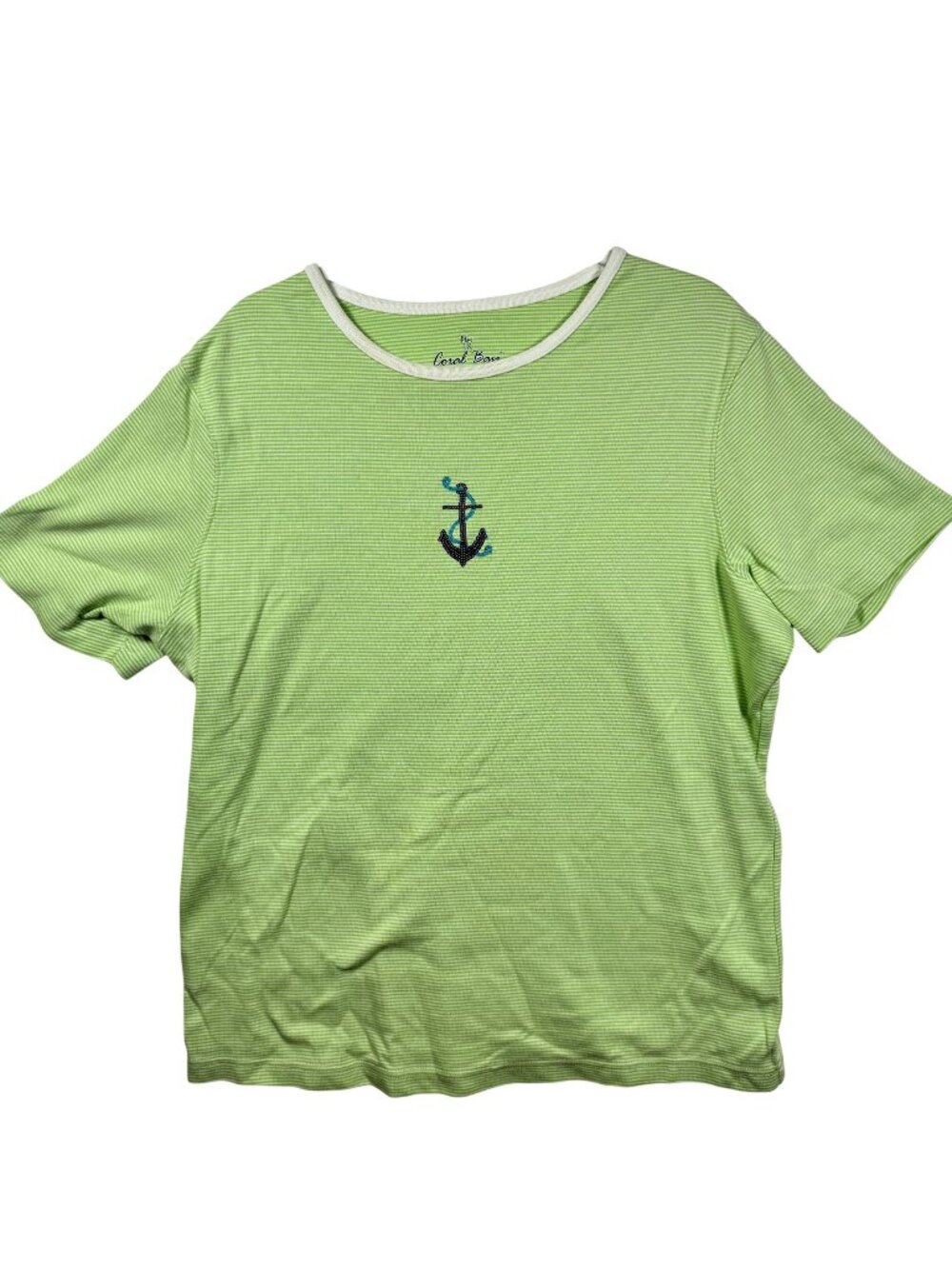 Coral Bay Womens Plus 1X Green Striped Short Sleeve w/ sequin Anchor Embroidery